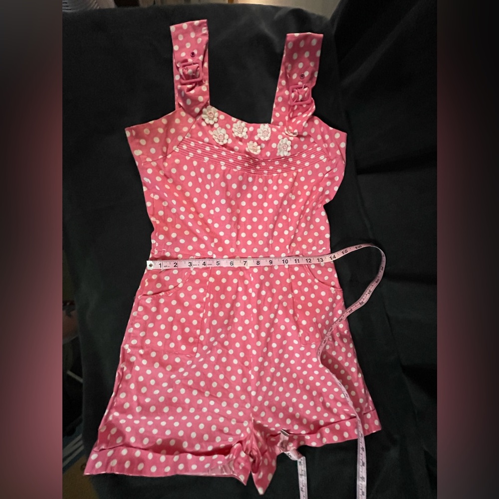 Bettie Page Tatyana playsuit set skirt & romper polka dot flower buttons small - Picture 3 of 9